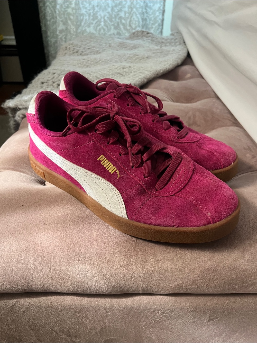 Puma Women’s Suede Sneaker in Burgundy with White Stripe